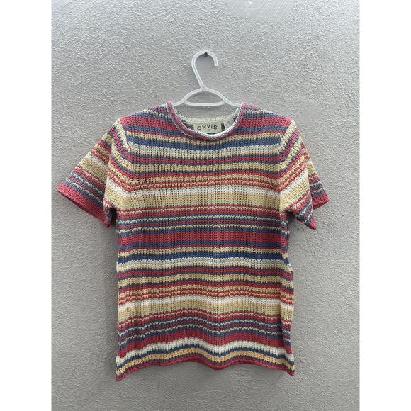 Orvis Womens Sweater Size Small Pink Striped Short Sleeve Rolled Neckline Knit - Picture 1 of 9